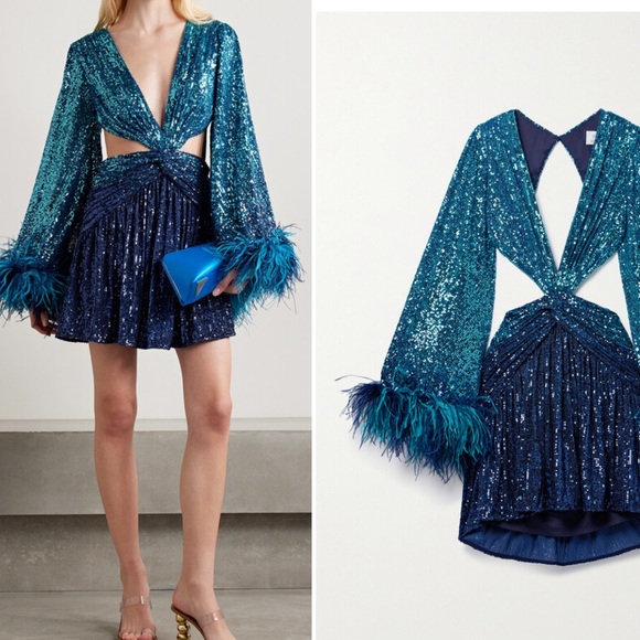 PatBO Dresses & Skirts - Cutout Feather-trimmed Sequined Tulle Mini Dress